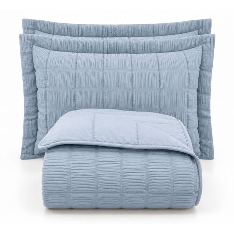 Kit Cobre Leito Linen Casal Micropercal 300 Fios Matelassê Colcha 3 Peças Efeito Creponado Azul