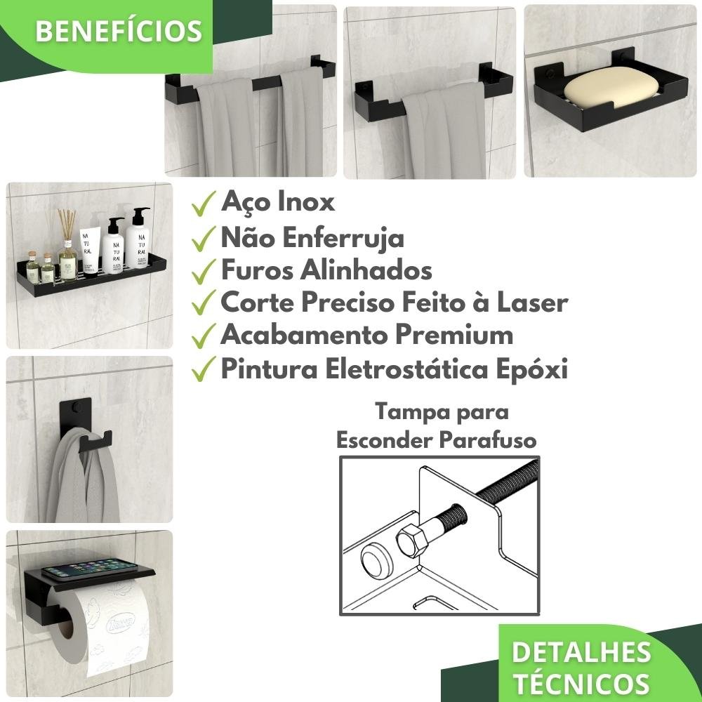 Kit Acessórios Para Banheiro Preto Fosco 6 Peças ELG - 2