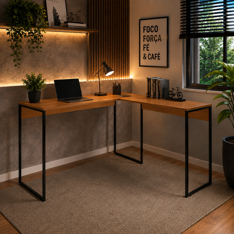 Escrivaninha em L Marrom Moderna Mesa para  Escritório Home Office Lb