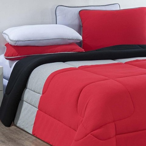 Kit Edredom + Jogo de Lençol Malha 100% Algodão Urbano 7 Peças Casal - Vermelho-mescla-branco