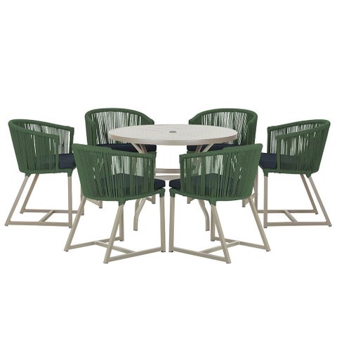 Mesa com 6 Cadeiras de Jantar Roma 120cm e Noronha em Alumínio Fendi Corda Náutica Estofado 12 Trama