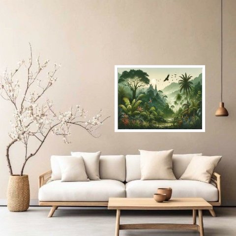 Quadro Decorativo Tropical Verde Pássaros - 50x70cm:moldura Branca
