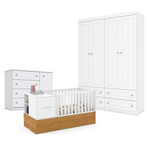 Quarto de Bebê Americano 4 Portas Com berço Americano Multifuncional Formare Branco Freijó - Matic -