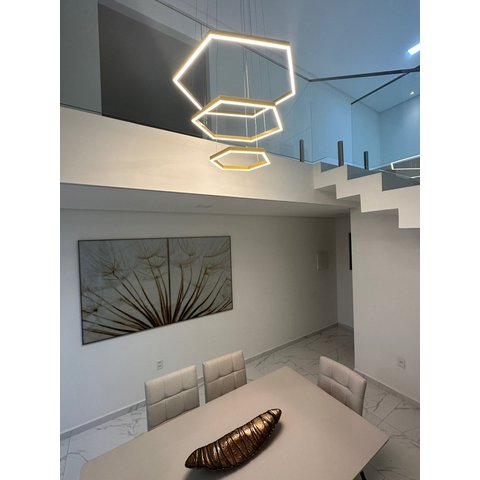 Lustre Pendente Hexagono 3 Aneis Moderno Dourado em Led 3000k He