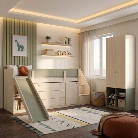 Cama Elevada com Escorregador Artsy Guarda Roupa 2 Portas Curió Casatema MadeiraOriginals Natural