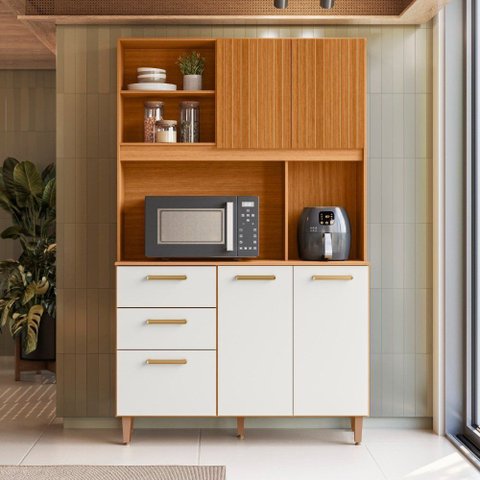 Armário de Cozinha Compacto 115cm Sicília Médio 5 Portas 2 Gavetas Freijo Ripado Off White Poliman