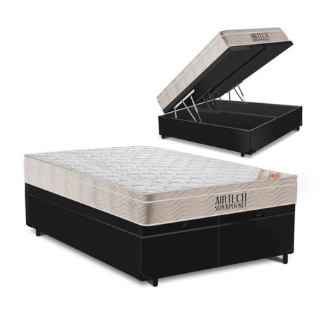 Cama Box Baú Queen 158 Bipartido Sintético Preto com Colchão Ortobom Airtech Spring Pocket D26 Bege