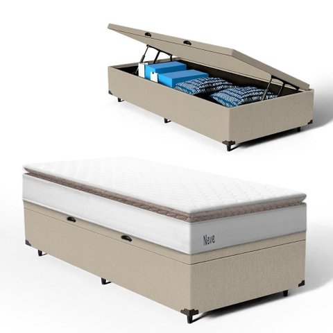 Cama Box Baú com Colchão de Molas Ensacadas Pillow Top Neve Solteiro 88cm
