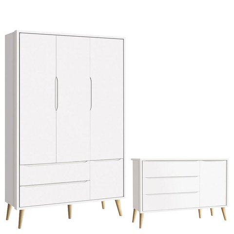 Cômoda Infantil com Porta e Guarda Roupa 3 Portas Theo Branco Acetinado Pés Madeira Natural – Reller