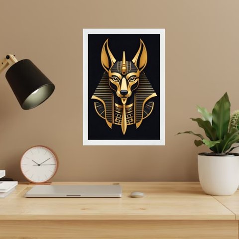 Quadro Decorativo Egípcio Anubis - Preto e Dourado 24x18cm:moldura Branca