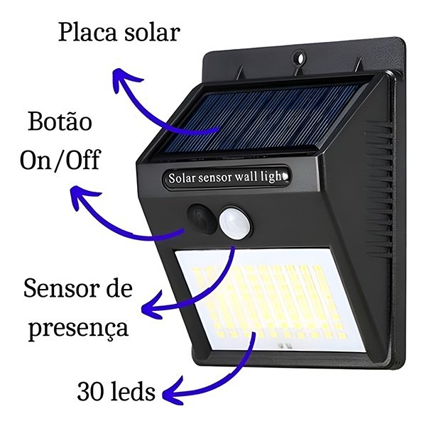 Luminária Solar de Parede 30 Leds de Luz Branca Lâmpada com Sensor de Movimento Jardim e Quintal - 4