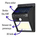 Ver imagem 4 de Luminária Solar de Parede 30 Leds de Luz Branca Lâmpada com Sensor de Movimento Jardim e Quintal