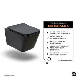 Vaso Sanitário Suspenso Saída Horizontal Esmeralda Pingoo.casa - Preto - 2