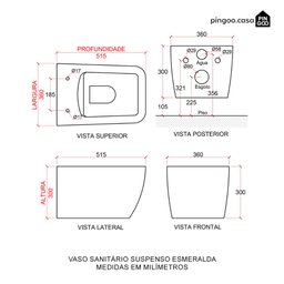 Vaso Sanitário Suspenso Saída Horizontal Esmeralda Pingoo.casa - Preto - 8