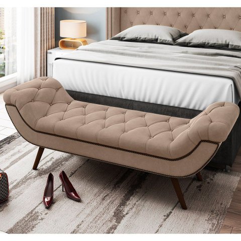 Puff Recamier Decorativo com Tachas 195 cm Santorini P05 Veludo Bege - Lyam Decor