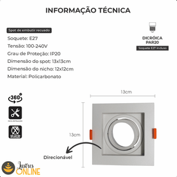 Spots Recuado de Embutir Moderno Bocal E27 Par20 Bivolt Sala de Estar de Jantar - 7