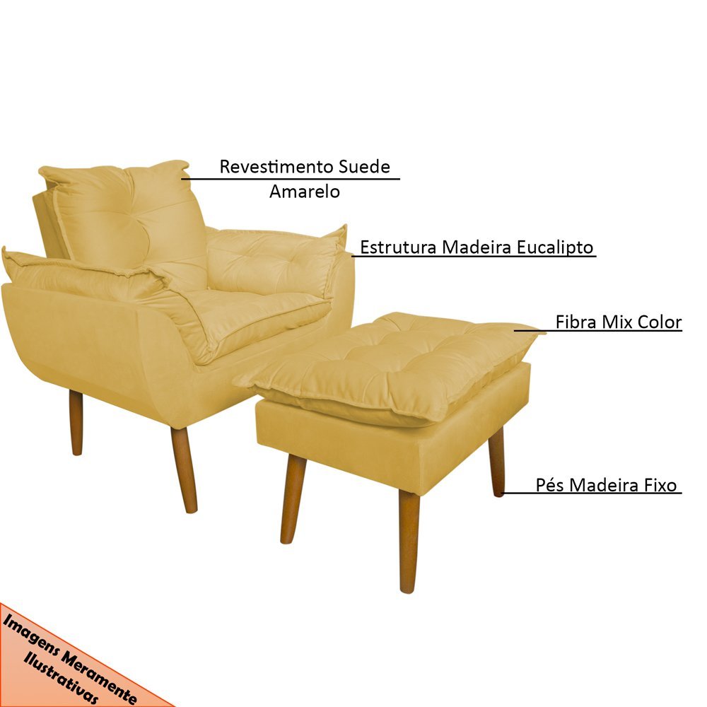 Conjunto Decorativo Poltrona com Puff Opala Suede Amarelo - Montanaris Decor MD MONTANARIS DECOR - 5