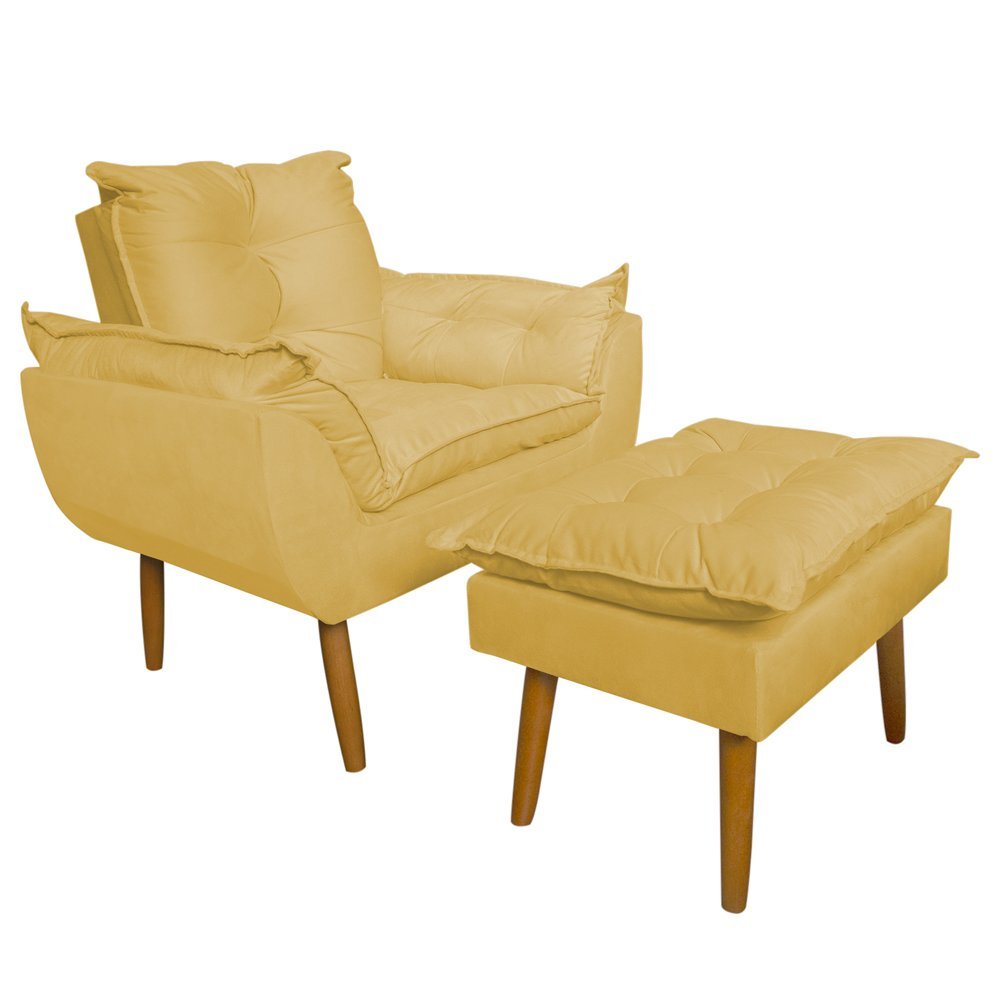 Conjunto Decorativo Poltrona com Puff Opala Suede Amarelo - Montanaris Decor MD MONTANARIS DECOR - 1