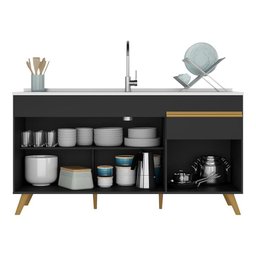 Balcão Cozinha Gabinete Pia 150cm 3 Portas 1 Gaveta Veneza Multimóveis V2072 Preto/dourado - 4