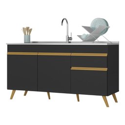 Balcão Cozinha Gabinete Pia 150cm 3 Portas 1 Gaveta Veneza Multimóveis V2072 Preto/dourado - 1