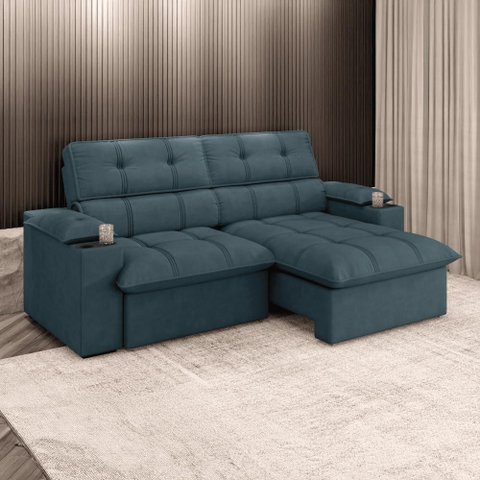 Sofá Retrátil e Reclinável 2,10m Suede Petróleo c/ Porta Copo Liverton Xflex