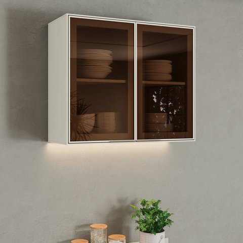 Armário Aéreo 2 Portas com Vidro Reflecta 80cm MDF Fineze Bege/Areia