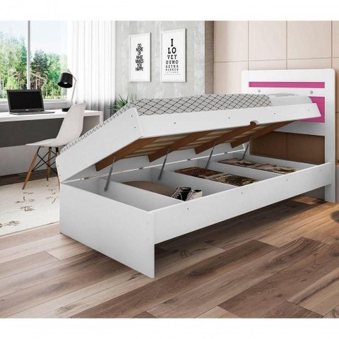 Cama Box Solteiro Baú Larissa com Colchão Espuma Branco e Rosa Framar