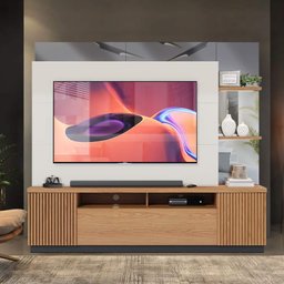 Painel Home para Tv até 70 Polegadas com Espelho Freijó Off White Preto Fosco Goya Jm Móveis - 1