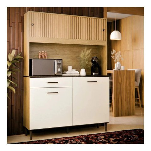 Armário de Cozinha Compacto Grazi com 4 Portas e Gaveta Ripado 3D Off White