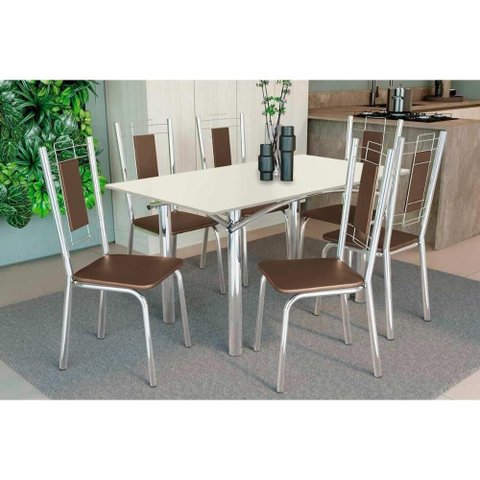 Conjunto: Mesa Sala Jantar Elba Tampo Madeirado C/ Vidro 160cm e 6 Cadeiras Florença Cromada/off