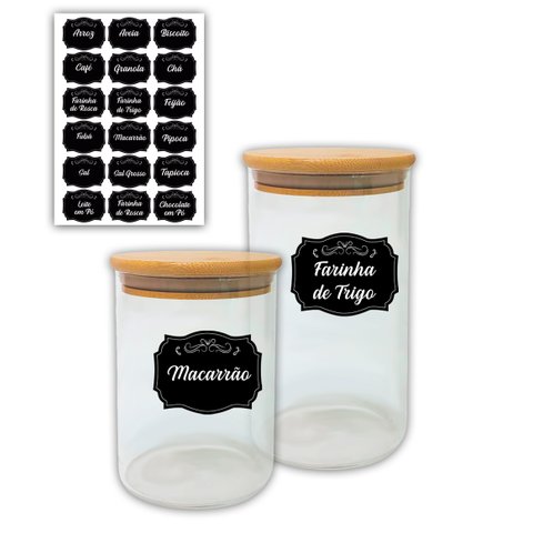 KIT POTE MANTIMENTOS TAMPA BAMBU 750ML + 950ML BOROSILICATO + RÓTULOS ZAHAV 51728