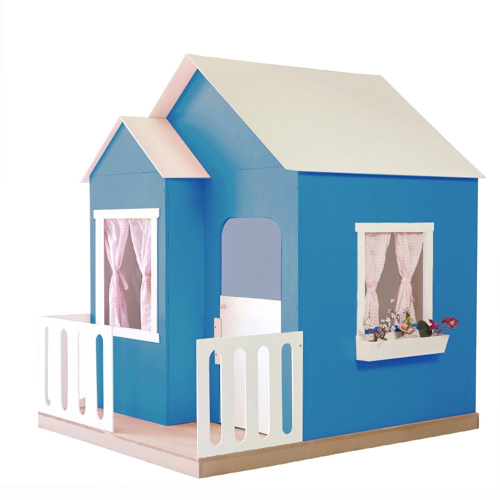 Casinha de Brinquedo Artesanal Janela Lateral Versátil com Cortinas Mdf Azul/branco L12 - Criança Fe