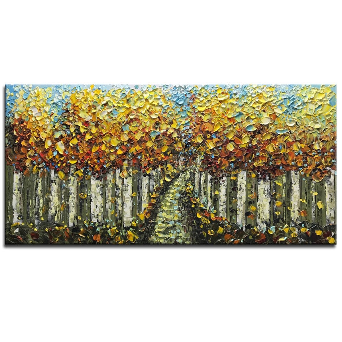 Quadro Pintura Tela cipreste folhas outono amarelo 5458: 80cm (A) x 160cm (L) - 2
