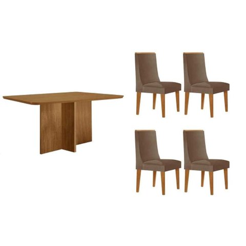 Sala de Jantar Completa Berlim C/ Tampo Madeirado Canto Curvo 120x80cm e 4 Cadeiras Dakota Naturale