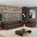 Ver imagem 1 de Conjunto Sala de Estar 1 Sofá Living 260cm e 1 Poltrona Stanford Chesterfield Pés Madeira Couro Marr