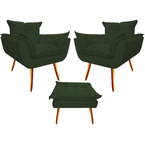 Kit 2 Poltronas + Puff Decorativo Opala Suede Verde Pés Madeira Mz Decor