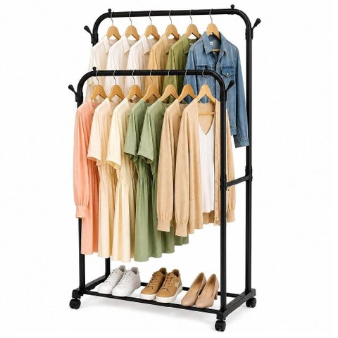 Arara Dupla Roupas com Rodinhas Sapateira Cabideiro Organizador Quarto Closet Loja