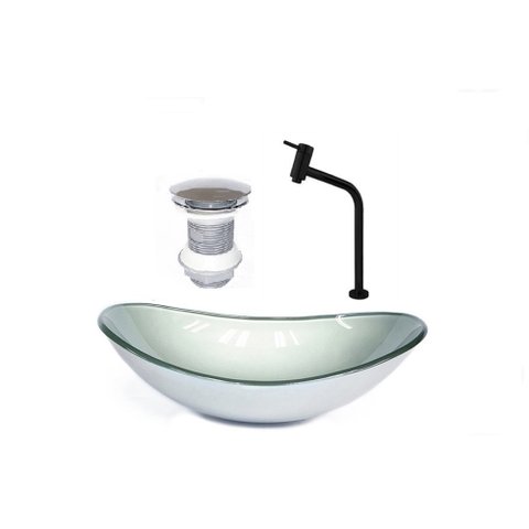 CUBA DE VIDRO OVAL 55CM PRATA + VALVULA + TORNEIRA PRETA