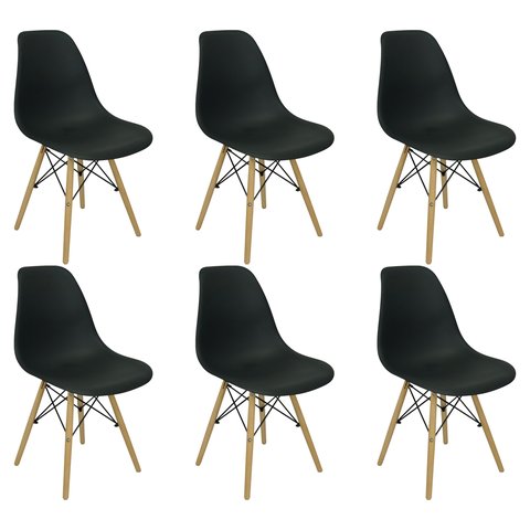 Kit 6 Cadeiras Charles Eames Eiffel Base Madeira Sala de Jan Preto