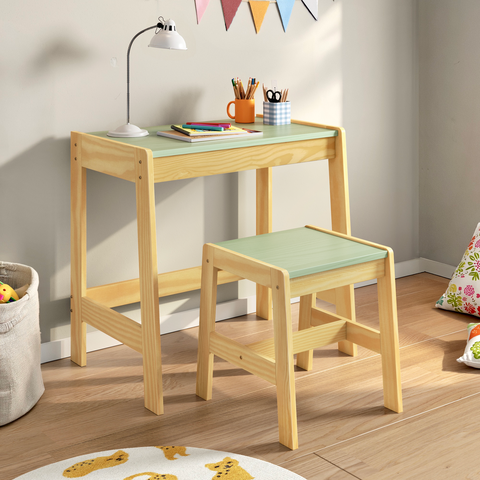 Conjunto Mesa Escrivaninha Penteadeira + Banqueta Infantil Madeira Freijó/verde