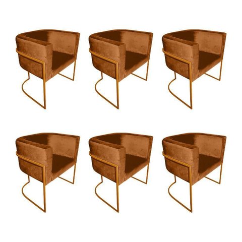 Kit 6 Poltronas Decorativa Sala de Estar Base de Ferro Cobre Veludo Terracota Laranja