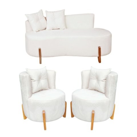 Conjunto 2 Poltronas + Sofá Curvo Orgânico Luna Boucle Branco - Montanaris Decor