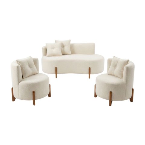 Conjunto 2 Poltronas + Sofá Curvo Orgânico Luna Boucle Branco - Montanaris Decor