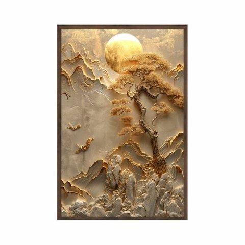 Quadro Decorativo - Natureza Dourada Arvore Ceu e Lua Art053 - Tela Canvas - 80x60cm