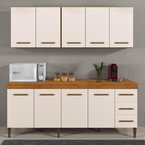 Cozinha Completa 9 Portas e 3 Gavetas Atenas Kaiki Moveis Nature-off White