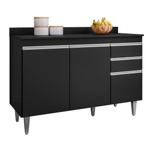 Balcão de Cozinha 120 Cm 3 Portas 2 Gavetas com Tampo Melissa Preto