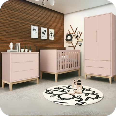 Quarto de Bebê Berço + Cômoda + Guarda Roupa Rosa Classic Pés em Madeira Natural