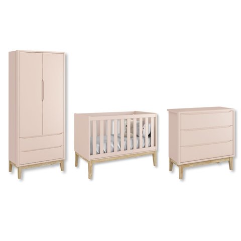 Quarto de Bebê Berço + Cômoda + Guarda Roupa Rosa Classic Pés em Madeira Natural