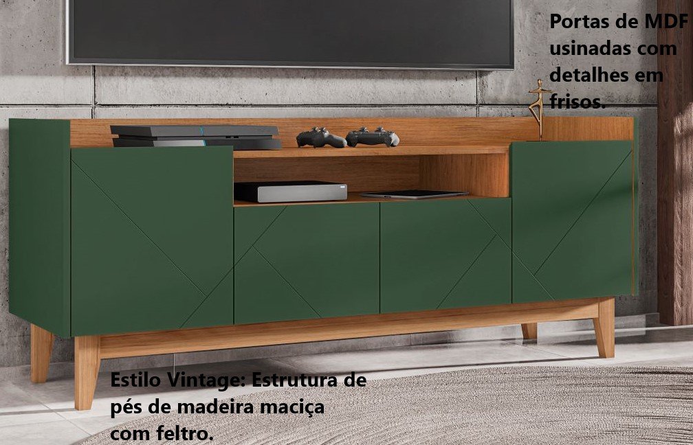 Rack Sala Adria para TV até 60 Polegadas c/ Pés de Madeira Verde Oliva/Cedro - 3