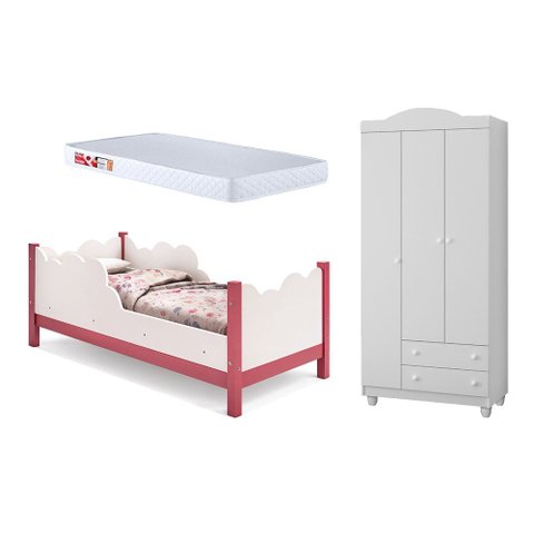 Cama Nuvem Branco Rosa com Colchão e Guarda Roupa Lara Infantil Menina Completo Moderno Seguro